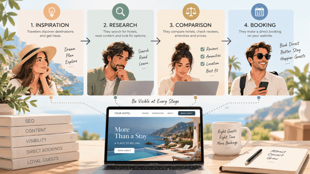 At which stage of the traveller journey is it recommended to use hotel SEO marketing